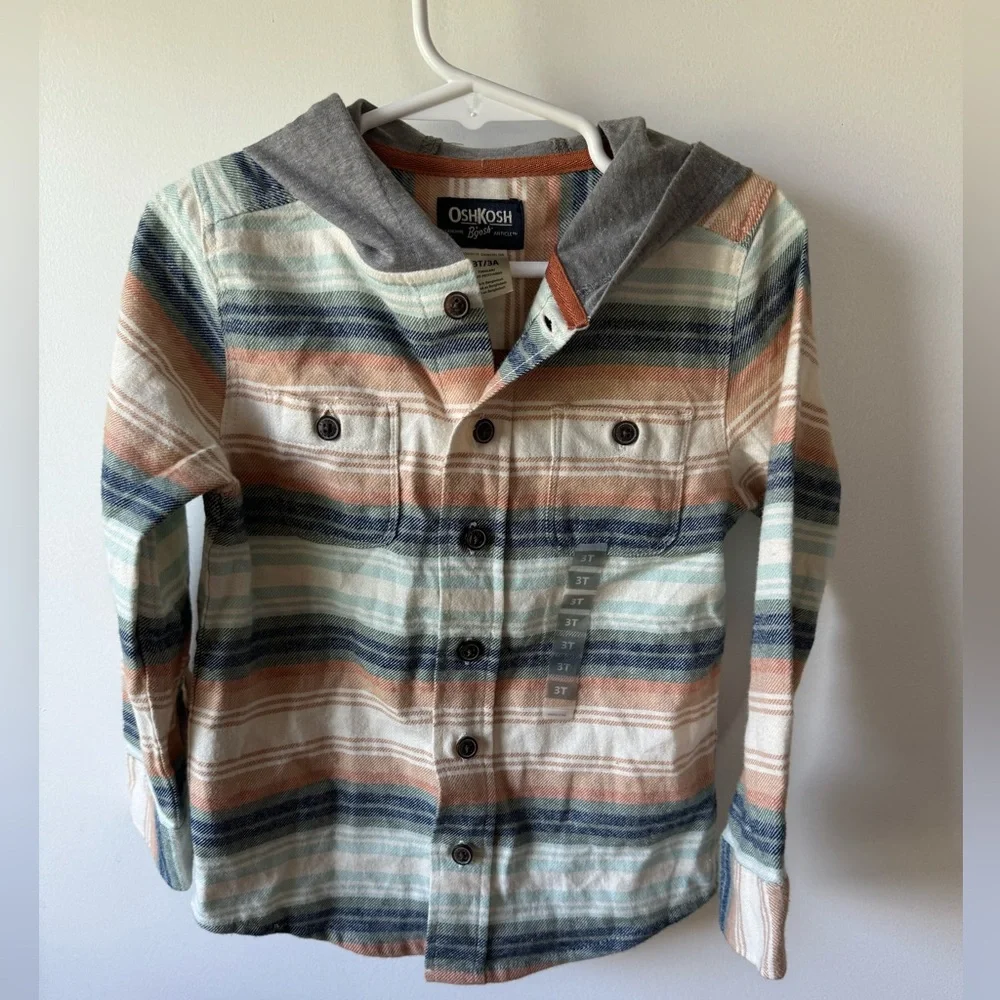 NWOT OshKosh B'Gosh Kid Cozy Flannel Hooded Top in Baja Stripe 3T Boys orange
